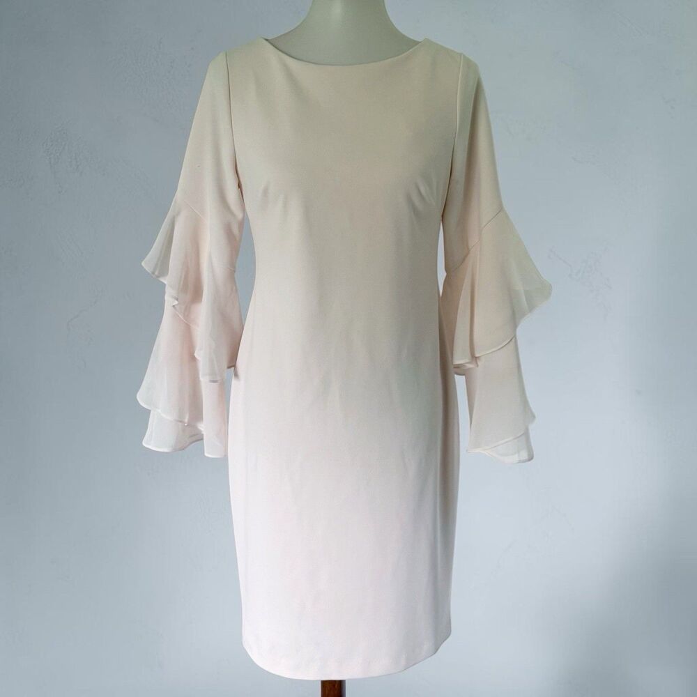 Calvin Klein Dress Blush Pink Bell Sleeve Ruffles Sheath Wedding Cocktail Size 8